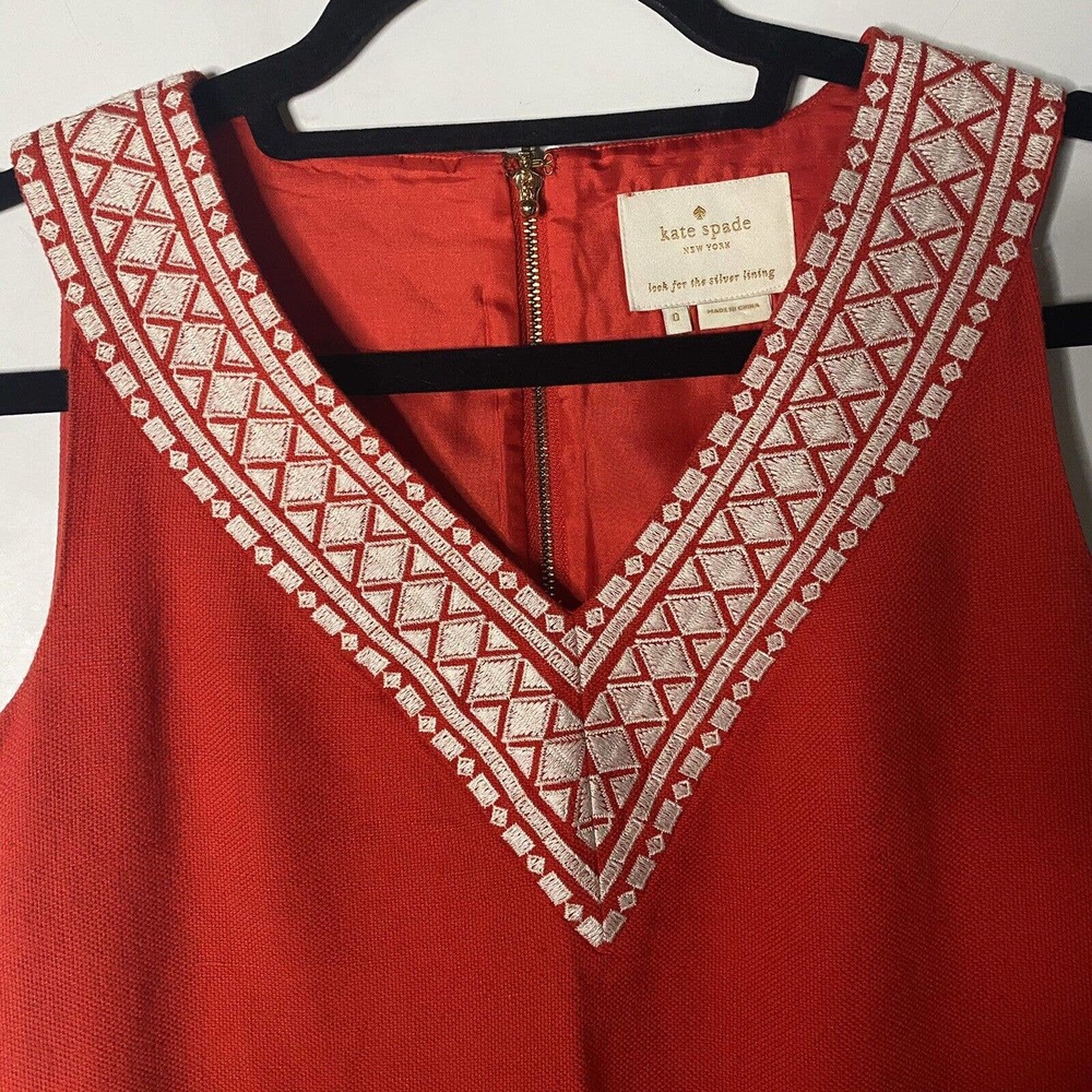 Kate Spade Sz 0 XS Laureen Embroidered Linen Shift Dress Women Red V Neck Lined - Picture 3 of 12